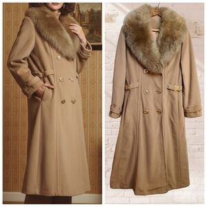 VTG 1960s Kashmiracle Union Made Faux Fur Collar Trench Coat In Camel Size Small